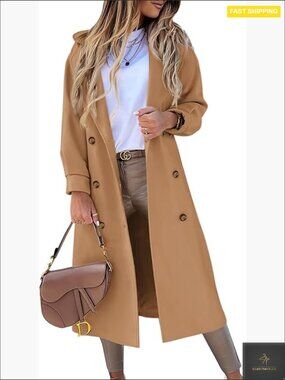 Elegant Wool Blend Pea Coat Double Breasted Notched Lapel Long Winter Coat